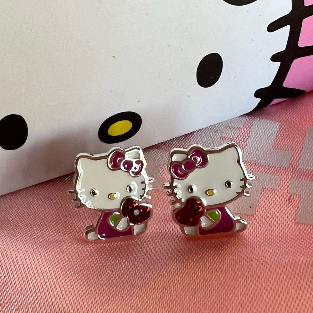 Hello Kitty Earrings - Sanrio silver plated crystal enamel studs with hearts